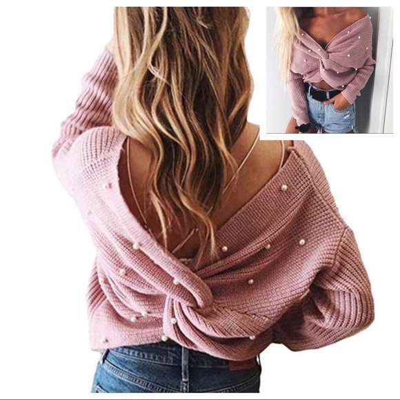 Rouge! Sweaters - Wear 2 Ways Pearl Twist Knot Cross Pink Sweater